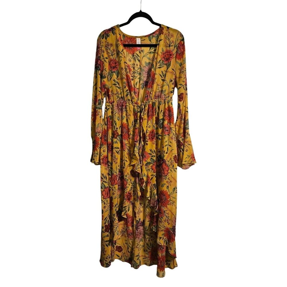 No Boundaries Womens Duster Kimono Yellow Golden Floral Size LG Ruffle Tie Waist